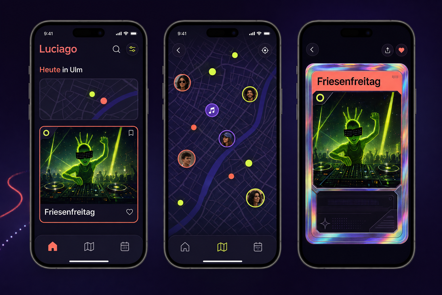 Luciago App-Vorschau mit Event-Feed, Karte und Eventdetail